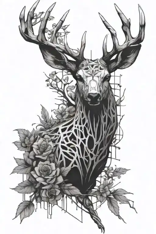 nature, black and white, bird, deer skeleton, insects, darkness, wickedness, sleeve tattoo design idea