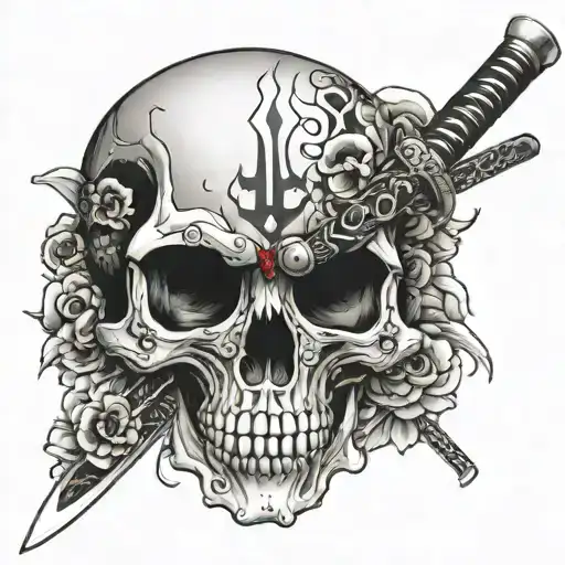 a katana passing through a skull with japanese words around tattoo design idea