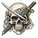 a katana passing through a skull with japanese words around tattoo design idea