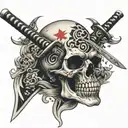 a katana passing through a skull with japanese words around tattoo design idea