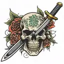 a katana passing through a skull with japanese words around tattoo design idea