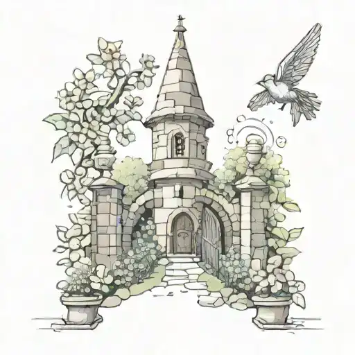 A tall stone tower surrounded by a garden  and fairy gate. fairies are flying around garden and gate.  tattoo design idea