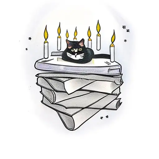 black cat on top of books with candles around and things related to witchcraft tattoo design idea