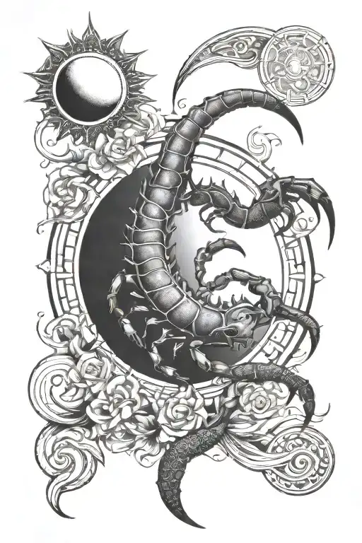 moon and sun with triable scorpion tattoo design idea