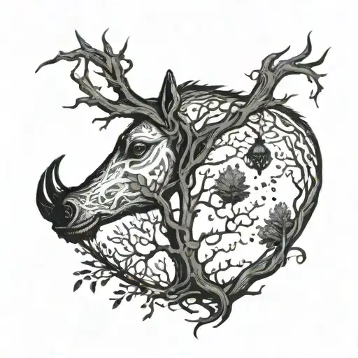 un craneo formado por ramas de un arbol seco,en donde el diseño incluya un lobo, un corazon echo de huesos ,encadenado, tattoo design idea