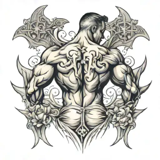 tattoo of a bodybuilder man with a gothic cross on his back tattoo design idea