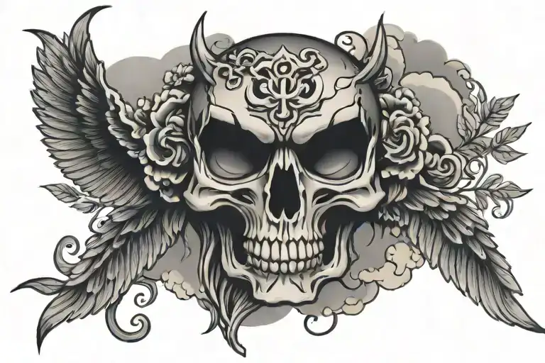 skull death tattoo with owl on top and japanese clouds black and grey tattoo design idea