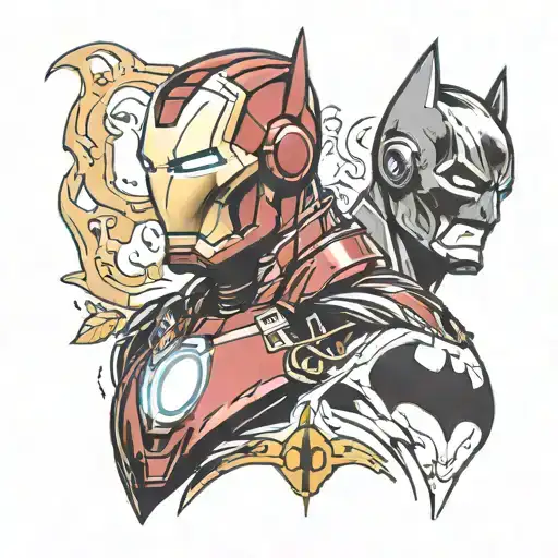 face iron man and logo batman in behind  tattoo design idea