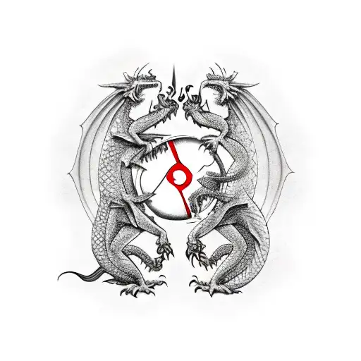 Dragon fighting with a minotaur in front of a castle with the yin and yang simblo at the background tattoo design idea