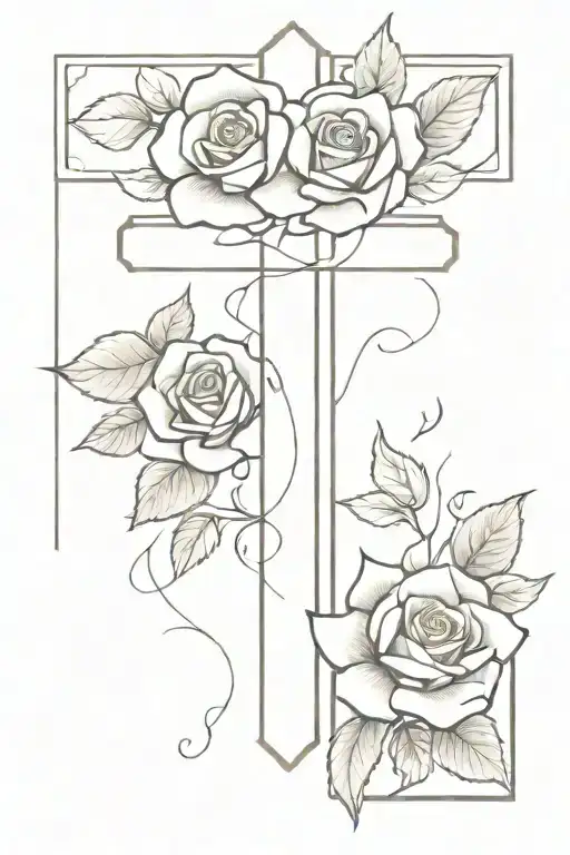 thick empty cross with roses in the backround tattoo design idea