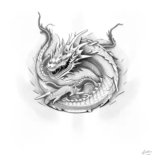 A Korean-inspired dragon wrapped around a rap music microphone, with black-grey shading and dotwork details tattoo design idea