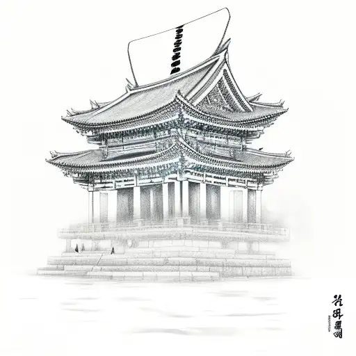 A mesmerizing black and grey sketch of a traditional Korean temple, with a water reflection showing a skull and a sword. tattoo design idea