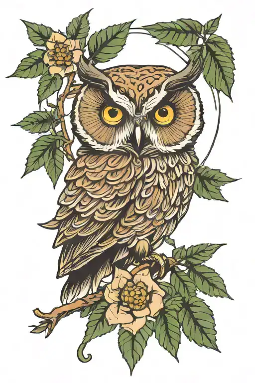 feminine owl sitting on a marijuana branch tattoo with west coast trees in background  tattoo design idea