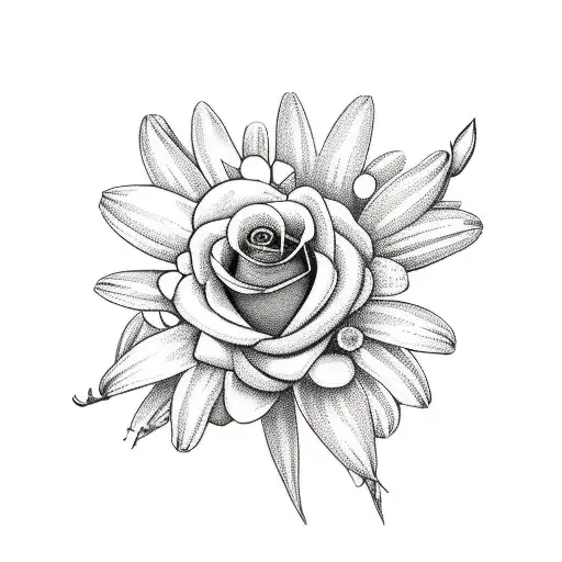 bouquet of flowers containing one of each, a pink rose, aster, daisy, and lily of the valley in a slim vase tattoo design idea