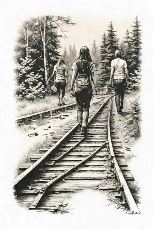 man and woman 2 girls walking down a train track into the forest tattoo design idea