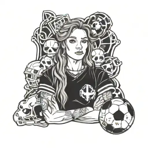 A portrait of your sister Anastasia in a football jersey, surrounded by symbols representing your family and the love you have for each other tattoo design idea