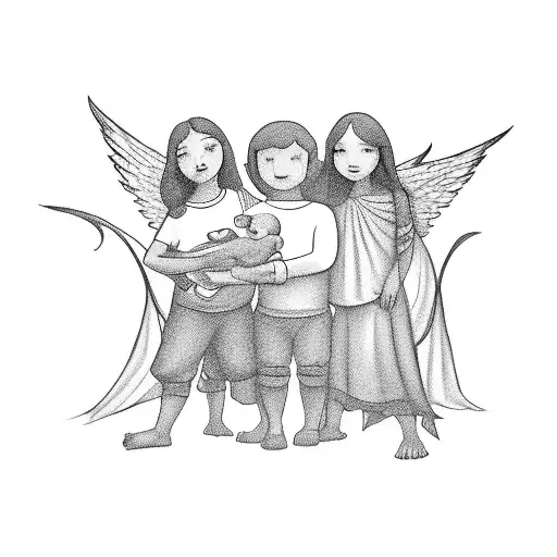Guardian angel protecting a family huddled together tattoo design idea