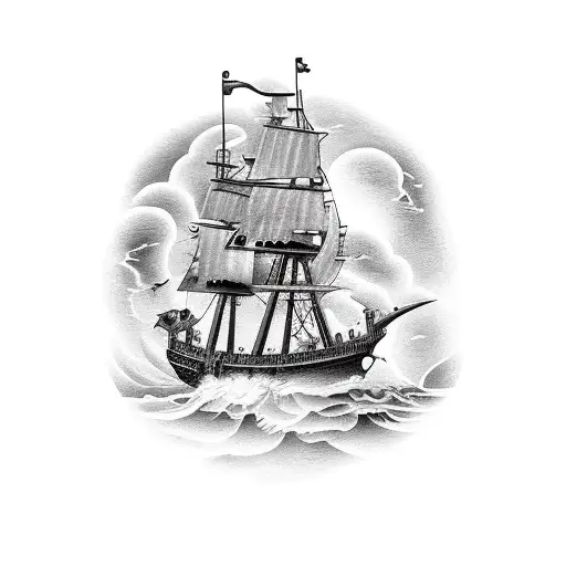pirate ship on a storm with woman o the pope tattoo design idea