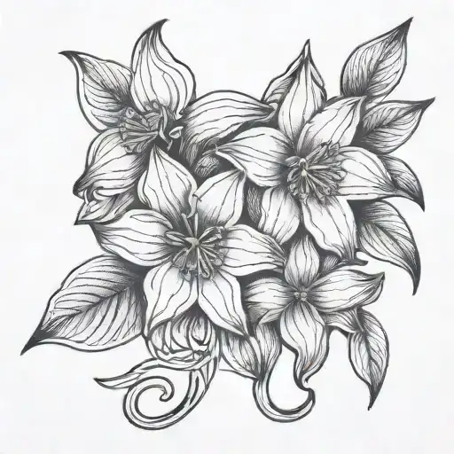 A detailed blackwork tattoo of Isla's name intertwined with daffodils, symbolizing your love for her and her birth month tattoo design idea