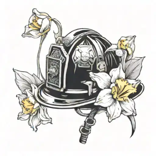 A firefighter's helmet adorned with daffodils, representing your occupation and love for flowers tattoo design idea