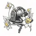 A firefighter's helmet adorned with daffodils, representing your occupation and love for flowers tattoo design idea
