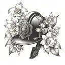 A firefighter's helmet adorned with daffodils, representing your occupation and love for flowers tattoo design idea