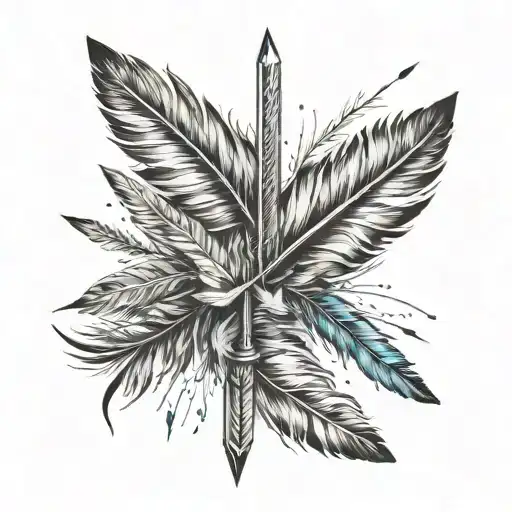 arrow surrounded by feathers falling tattoo design idea