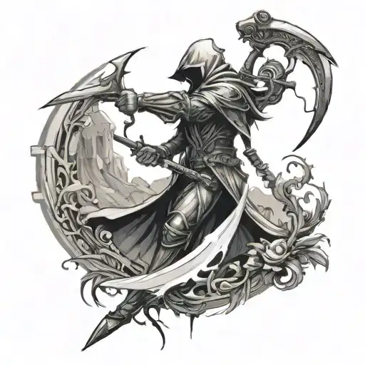 a fantasy tattoo where there is 2 single edged shortswords and a scythe that look like they are out of a fantasy world  tattoo design idea