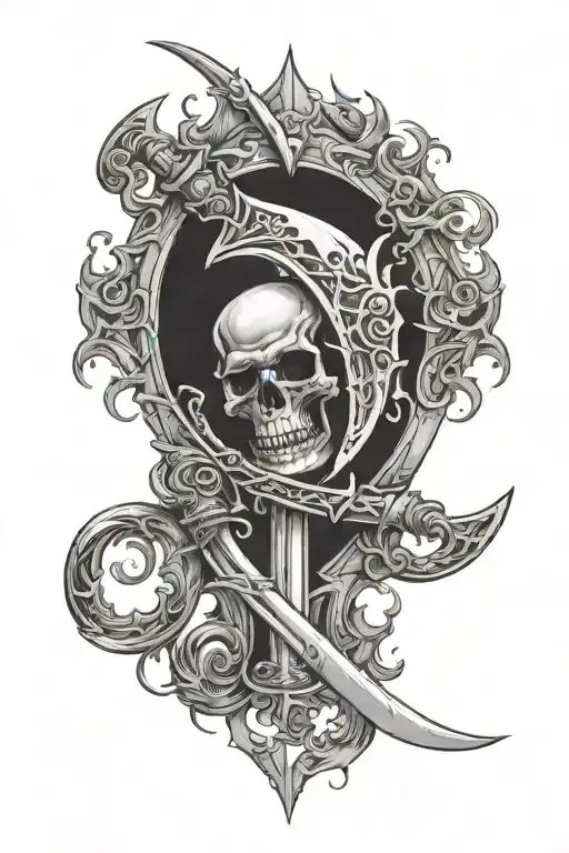 a fantasy tattoo where there is 2 single edged shortswords and a scythe with a sort of filler like smoke or something  tattoo design idea