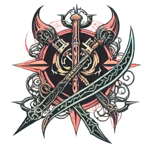 a fantasy style tatoo design with two single edged short swords and a scythe  tattoo design idea