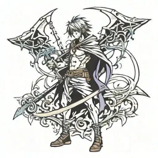 a fantasy tattoo where there is 2 single edged shortswords and a scythe that look like they are out of a fantasy world  tattoo design idea