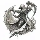 a fantasy tattoo where there is 2 single edged shortswords and a scythe that look like they are out of a fantasy world  tattoo design idea