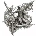 a fantasy tattoo where there is 2 single edged shortswords and a scythe that look like they are out of a fantasy world  tattoo design idea