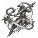 a fantasy tattoo where there is 2 single edged shortswords and a scythe that look like they are out of a fantasy world  tattoo design idea