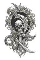 a fantasy tattoo where there is 2 single edged shortswords and a scythe with a sort of filler like smoke or something  tattoo design idea