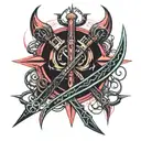 a fantasy style tatoo design with two single edged short swords and a scythe  tattoo design idea