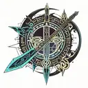 a fantasy style tatoo design with two single edged short swords and a scythe  tattoo design idea