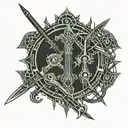 a fantasy style tatoo design with two single edged short swords and a scythe  tattoo design idea