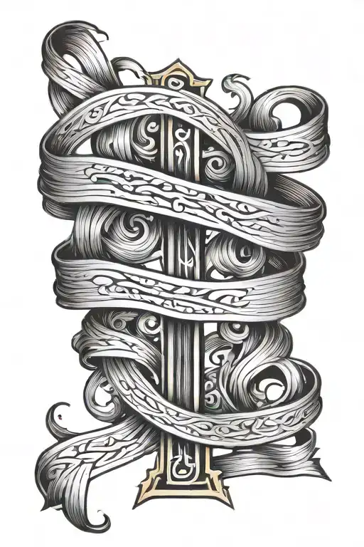 a simple cross with a band wrapped around it from top to bottom, then in the middle of the ribbon put VI tattoo design idea