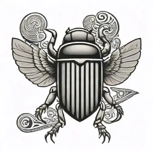 A black and grey tattoo of an Egyptian scarab beetle holding a Leroy Merlin logo, combining your love for ancient Egypt with your occupation tattoo design idea