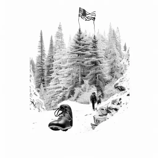 A hiking trail leading up a mountain with boxing gloves hanging from the trees tattoo design idea