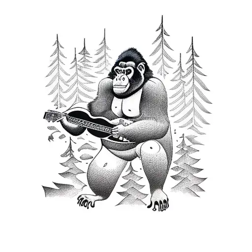 A gorilla playing a guitar in a forest surrounded by cavemen tattoo design idea