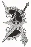 Sword surrounded by runes with a stags head above, with a norse compass on its chest and a celtic spiral above its horns tattoo design idea
