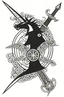 Sword surrounded by runes with a stags head above, with a norse compass on its chest and a celtic spiral above its horns tattoo design idea