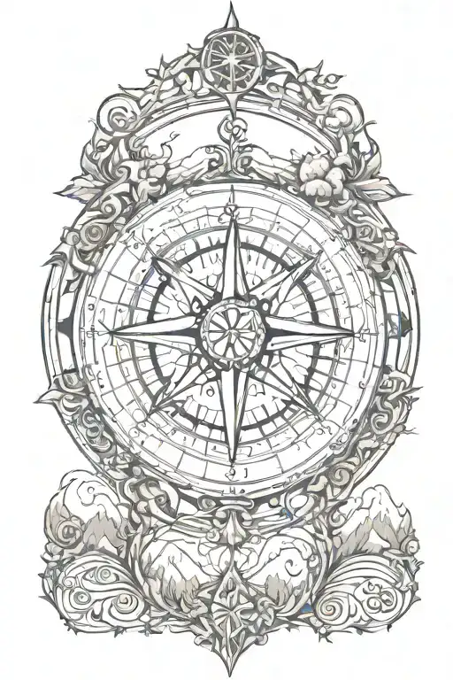 An intricate compass design with each direction leading to a different element of nature (sea, mountains, forest) tattoo design idea