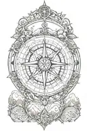 An intricate compass design with each direction leading to a different element of nature (sea, mountains, forest) tattoo design idea