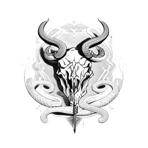 bull skull with snake wrapped around and sword through the middle tattoo design idea