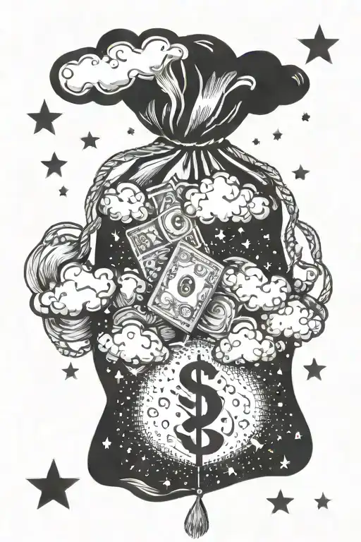 money bag with clouds and stars forming tattoo design idea