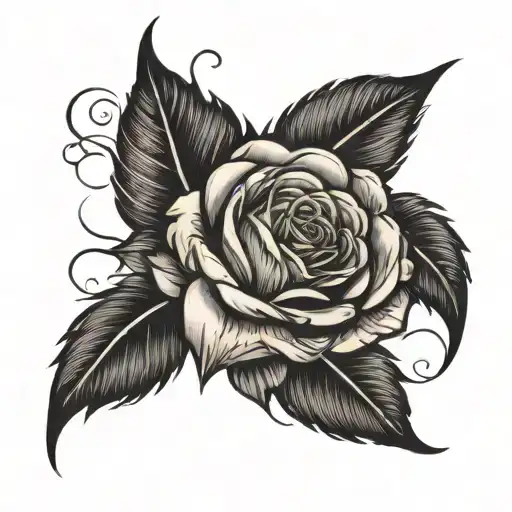 single feather and black rose tattoo design idea