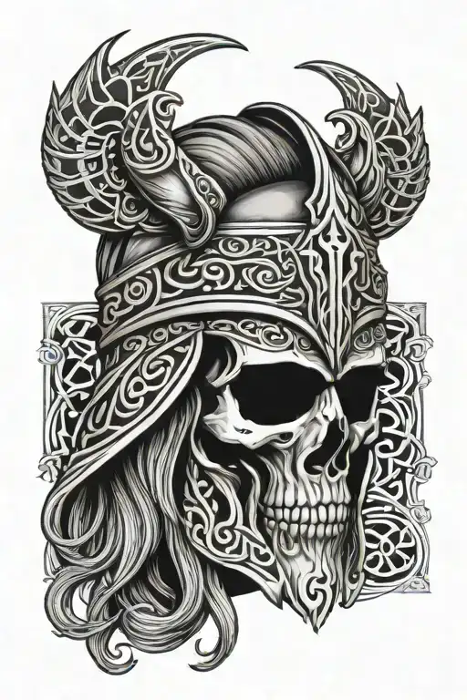 odin's face with skull helmet, scar on left eye, surrounded by celtic seams  tattoo design idea